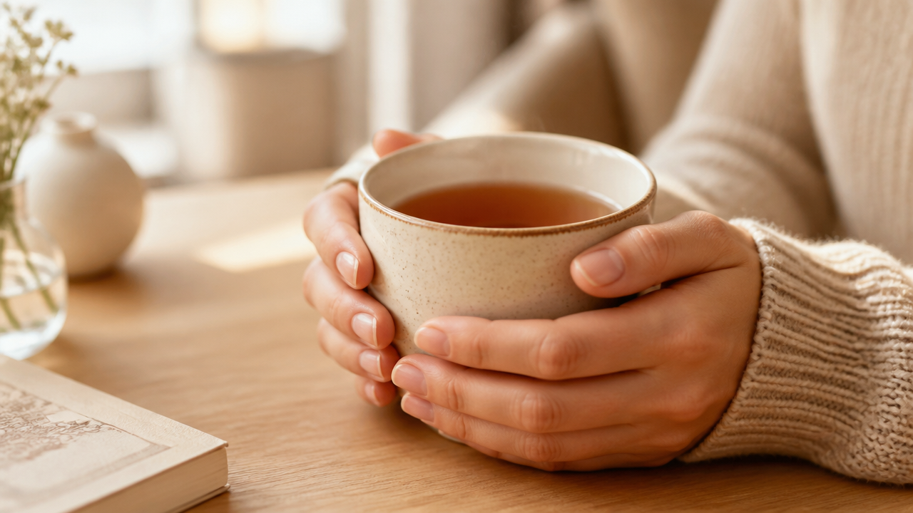 A comforting moment over tea in a cozy home setting