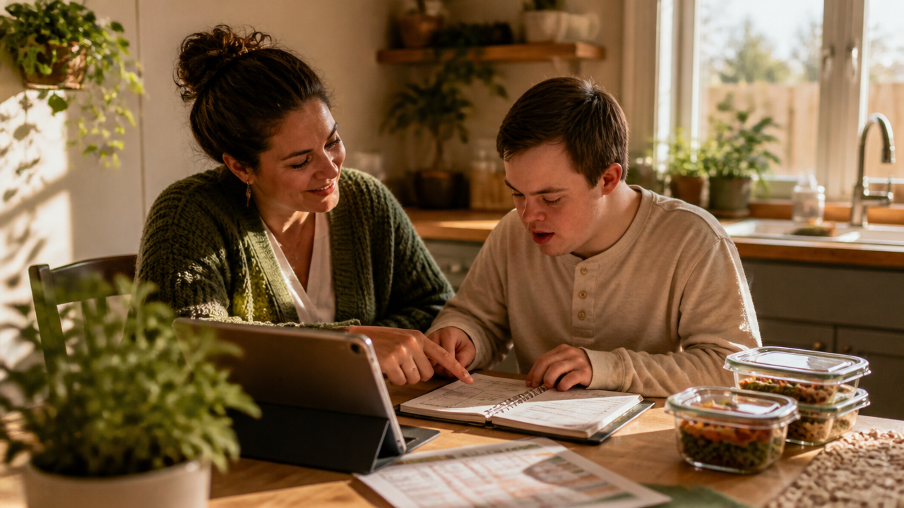 A direct support professional working with a young adult on an independent living task at a Heartwood Living home